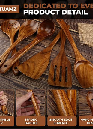 SPATUAMZ Wooden Cooking Spoons, Ladle and Spatula, Fine Polished Teak Wood Cooking Utensils Set of 6, Nonstick Wooden Kitchen Spoon & Spatula Set