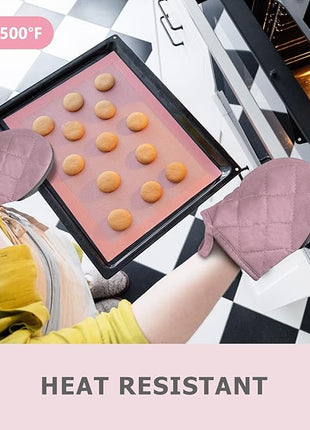 1 Pair Short Oven Mitts - Silicone Kitchen Oven Gloves High Heat Resistant 500℉, Mini Oven Mits with Non-Slip Grip Surfaces and Hanging Loop for BBQ, Baking, Cooking and Grilling (Pink)