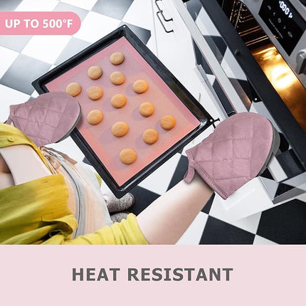 1 Pair Short Oven Mitts - Silicone Kitchen Oven Gloves High Heat Resistant 500℉, Mini Oven Mits with Non-Slip Grip Surfaces and Hanging Loop for BBQ, Baking, Cooking and Grilling (Pink)
