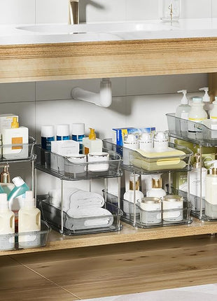 Delamu 2-Tier Under Sink Organizers and Storage, Multi-Purpose Stackable Bathroom Cabinet Organizers, Pull Out Kitchen Pantry Organization and Storage with Dividers(4 Pack, Grey)