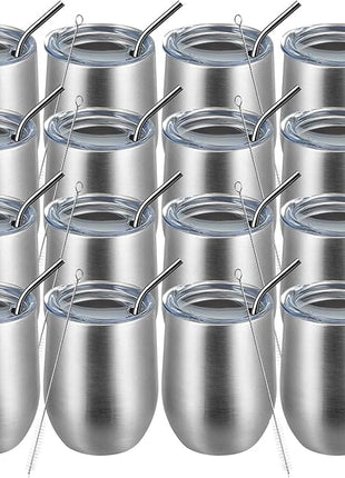 MEWAY 12oz Wine Tumbler 16 Pack Bulk Gifts for Women,Double Wall Vacuum Stainless Steel Travel Mug with Lid,Insulated Stemless Wine Cup Glass for Coffee,Cocktails,Drinks(Sliver,Set of 16)