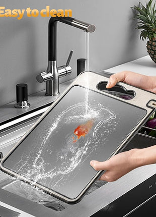 Titanium Cutting Board Double Sided for Kitchen,Knife Sharpener & Garlic Grater Wheat Straw + PP with Juice Groove Large Chopping Board（15×10In） Kitchen Necessities for Home