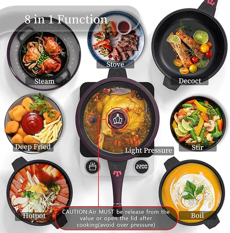 TIBORANG 8 in 1 Multipurpose 11 Inch 5 Quart Heat Indicator Nonstick Deep Frying Pan with Glass Lid,Steamed Grid,PFOA-Free,Dishwasher&Oven Safe,Works with All Stovetops (Midnight Purple)