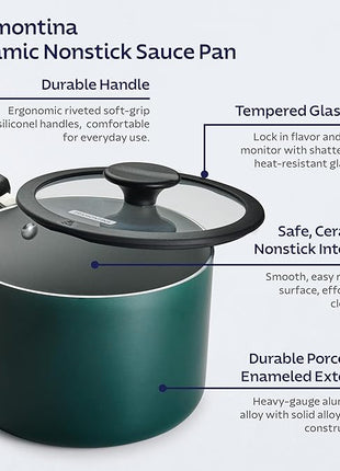 Tramontina Ceramic Non Stick 6-Piece Nesting Sauce Pan Set with Lids - Stackable Nonstick Cookware Set, Dishwasher and Oven Safe, Teal