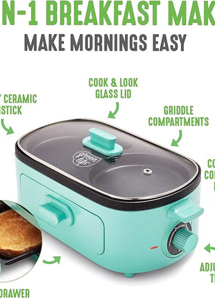 GreenLife 3-in-1 Breakfast Maker Station, Healthy Ceramic Nonstick Dual Griddles for Eggs Meat Sausage Bacon Pancakes and Breakfast Sandwiches, 2 Slice Toast Drawer, Easy-to-use Timer, Turquoise