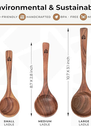Wooden Ladle for Soup, 3 Size Teak Wood Ladle Spoon with Back Hooks for Pot & Bowl, Non-Stick Wooden Spoon Set for Cooking, Serving and Stirring
