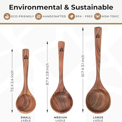 Wooden Ladle for Soup, 3 Size Teak Wood Ladle Spoon with Back Hooks for Pot & Bowl, Non-Stick Wooden Spoon Set for Cooking, Serving and Stirring