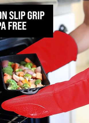 BPA-Free Silicone Oven Mitts Ultra Heat Resistant up to 500°F - Oven Mitts with Thick Cotton Liner - Long Slip Resistant Pot Holders, Flexible Oven Gloves - Canyon Red 13.7