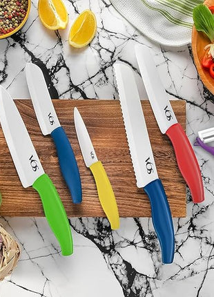 Vos Ceramic Knife with Peeler, Ceramic Knives Set For Kitchen, Ultra Sharp Kitchen Knife Set with Covers, 4"5"6"7"8" Paring, Chef Knife, Santoku & 2 more, Lightweight, Dishwasher safe (Multi-Color)