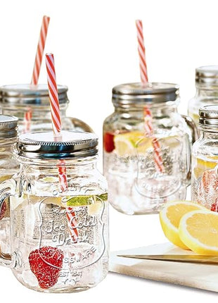 Estilo Glass Mason Jars with Handles, Lid and Straw 16 oz | Drinking Glasses Cups Mug Set for Iced Coffee, Tea & Smoothie - Set of 6
