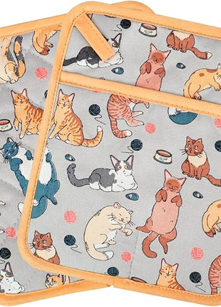 Pot Holders Set of 2 Heat Resistant 480℉ Kitchen 100% Cotton Comfortable Lining Printing Fox Flower Women Men Home Cooking Baking Microwave BBQ Gift (Cat potholder)