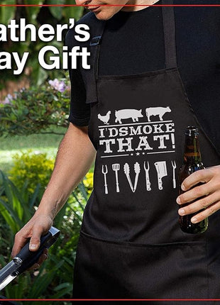 Funny Apron for Dad – I’D Smoke That – Father’s Day BBQ Gift for Men – One Size Fits Most – Black Cooking Apron with 3 Pockets for Husband, Boyfriend