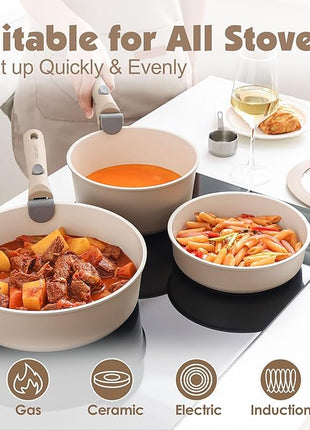 SENSARTE 17 Piece Ceramic Pots and Pans Set, Nonstick Detachable Handle Cookware, Induction Kitchen Cookware Set with Removable Handle, Dishwasher ＆ Oven Safe (Almond Beige)