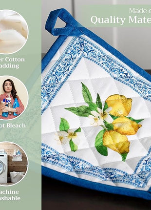 Maison d' Hermine Pot Holders 100% Cotton Heat Resistant Potholders 8" x 8" Hot Pads with Loop BBQ, Cooking, Baking, Grilling, Kitchen, Handling Hot Pans Spring/Summer (Pack of 1, Cedrat)