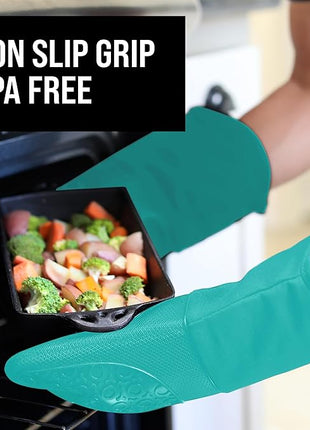 BPA-Free Soft Silicone Oven Mitts - Ultra Heat Resistant Oven Mitts with Thick Cotton Liner - Long Slip Resistant Pot Holders, Flexible Oven Gloves - Turquoise 13.7"
