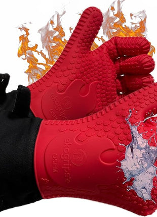 Ekogrips+ Premium Silicone Oven Mitts - Comfy, Waterproof, Heat Resistant BBQ Gloves for Grilling, Long Cuff for Added Protection, 5 Finger Dexterity, 3 Sizes, 4 Colors, L/XL, Red