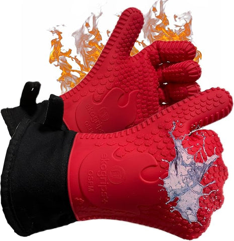 Ekogrips+ Premium Silicone Oven Mitts - Comfy, Waterproof, Heat Resistant BBQ Gloves for Grilling, Long Cuff for Added Protection, 5 Finger Dexterity, 3 Sizes, 4 Colors, L/XL, Red