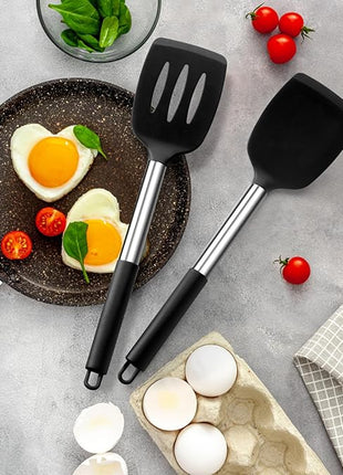 E-far Silicone Spatula Set of 2, Solid & Slotted Turner for Nonstick Cookware, Heat Resistant Rubber Kitchen Cooking Utensils for Flipping Fish Pancake Egg - Black