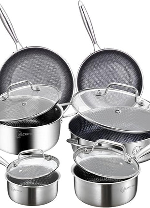 LOLYKITCH 10 Piece Kitchen Cookware Set,Hybrid Tri-ply Stainless Steel Pots and Pans Set,Induction Cookware,Heavy Duty,Dishwasher and Oven Safe.