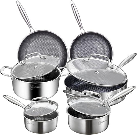 LOLYKITCH 10 Piece Kitchen Cookware Set,Hybrid Tri-ply Stainless Steel Pots and Pans Set,Induction Cookware,Heavy Duty,Dishwasher and Oven Safe.