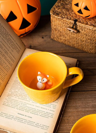 DIHOclub Fox Ceramic Cup Hidden 3D Animal Inside Mug,Cute Cartoon Handmade Figurine Mugs,Holiday and Birthday Gift for Coffee Milk Tea Lovers,12 OZ(Yellow)
