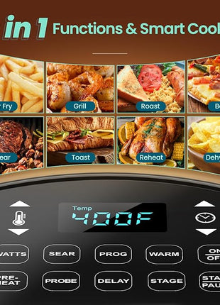 Nuwave Brio 10-in-1 Air Fryer, 6 QT Airfryer Capacity with Smart Probe, Roast Grill Bake for Fast Meals, One-Touch Digital Controls, Powerful 1800W Fryer, 100 Recipes, Removable Divider & Grill Pan