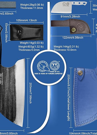 XYJ Authentic Since 1986,Ancient Forged Butcher Knives,Serbian Chef Knife With Sheath,Tiny Knife,Chinese Vegetable Meat Cleaver For Kitchen Camping Outdoor,Full Tang,High Carbon Steel (8 inch)