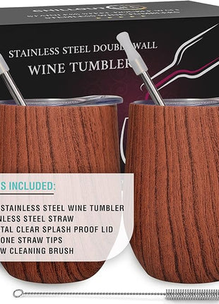 CHILLOUT LIFE 12 oz Stainless Steel Wine Tumblers 2 Pack - Double Wall Vacuum Insulated Wine Glasses Cups with Lids and Straws Set Keeping Cold & Hot for Coffee, Beer, Ice Cream - Wood Pattern