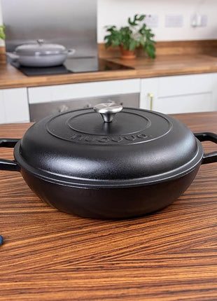 Shallow Cast Iron Casserole with Lid – Non Stick Dutch Oven Pot, Oven Safe up to 500° F – Sturdy Ovenproof Stockpot Cookware – Enamelled Cooking Pot – Black, 5-Quart, 32cm – by Nuovva