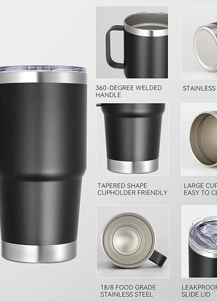 20 oz Stainless Steel Tumbler with Handle Bulk Metal Insulated Tumblers Travel Coffee Mug with Handle Double Wall Tumbler Cup with Lid and Straw, Black 6 Pack