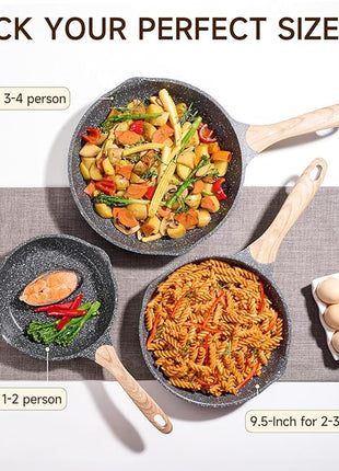 JEETEE Nonstick Frying Pans Set, Skillets Set 2 Pcs, 8" 10" Granite Non-Stick Frying pan, Nonstick Omelette Skillet with Soft Touch Handle, Grey