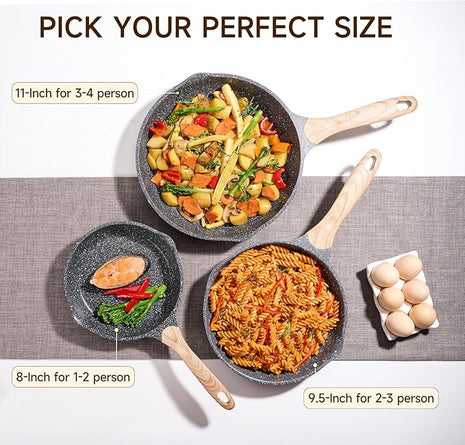 JEETEE 9.5 Inch Nonstick Frying Pan, Stone Coating Cookware, Nonstick Omelette Pan with Heat-Resistant Handle, Compatible with All Stoves (Grey)