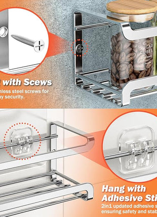 Spice Rack wall mounted 2 Pack, Space-Saving Spice Organizer for Spice Jars and Seasonings,Screw or Adhesive Hanging Spice Rack Organizer for Your Kitchen Cabinet,or Pantry Door,Silver