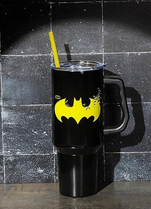 Silver Buffalo DC Comics Batman Logo Stainless Steel Tumbler with Handle and Straw, Fits in Standard Cup Holder, 40 Ounces