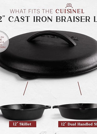 Cuisinel Cast Iron Lid - Fits 12"-Inch / 30.48-cm Lodge Skillet Frying Pans or Braiser + Silicone Handle Holder + Care Guide - Pre-Seasoned Replacement Cover - Indoor/Outdoor, Oven, Fire, BBQ Safe