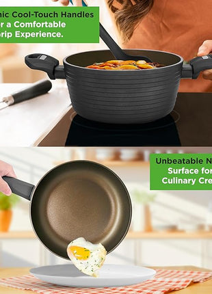 NutriChef Metallic Ridge Line Nonstick Cooking Kitchen Cookware Pots and Pan Set with with Lids and Utensils, 12 Piece Set, Gray