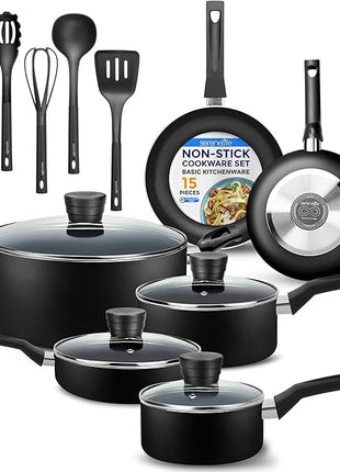 SereneLife Kitchenware Pots & Pans Basic Kitchen Cookware, Black Non-Stick Coating Inside, Heat Resistant Lacquer (15-Piece Set), One Size