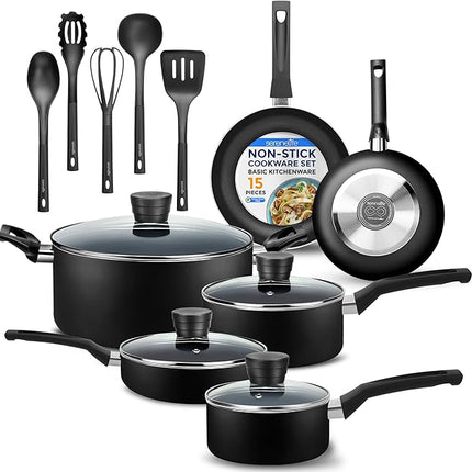 SereneLife Kitchenware Pots & Pans Basic Kitchen Cookware, Black Non-Stick Coating Inside, Heat Resistant Lacquer (15-Piece Set), One Size