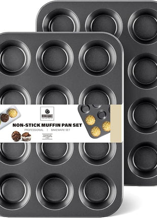 HONGBAKE Muffin Pan for Baking, Nonstick Cupcake Tin 12 Cup, 2 Pack Cup Cake Tray, Premium Cheesecake Pans, Dishwasher Safe - Dark Grey