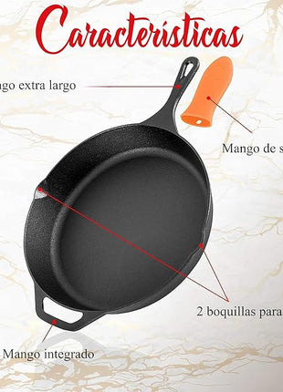 NutriChef 10" & 12" Pre-Seasoned Cast Iron Pans - Durable Nonstick Skillets, Cool-Touch Silicone Handle, For Oven, Grill & All Stovetops