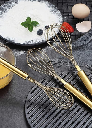 Berglander Gold Whisk Pack of 3 Stainless Steel 8",10",12", Titianium Plating Whisks for Cooking, Beater,Wire Whisk Set Kitchen Wisk (Gold)
