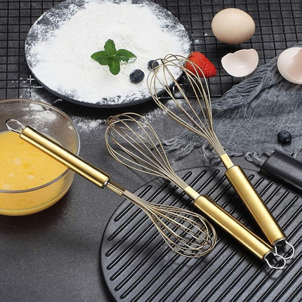 Berglander Gold Whisk Pack of 3 Stainless Steel 8",10",12", Titianium Plating Whisks for Cooking, Beater,Wire Whisk Set Kitchen Wisk (Gold)