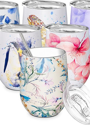 THILY Stainless Steel Insulated Wine Tumbler Stemless Wine Glass with Lid and Straw, Splash-proof, Reusable, Cute Travel Cup for Coffee, Cocktails, Keep Drinks Cold, Gifts for Women, Girls, Orchid