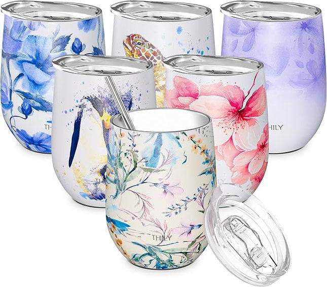 THILY Stainless Steel Insulated Wine Tumbler Stemless Wine Glass with Lid and Straw, Splash-proof, Reusable, Cute Travel Cup for Coffee, Cocktails, Keep Drinks Cold, Gifts for Women, Girls, Orchid