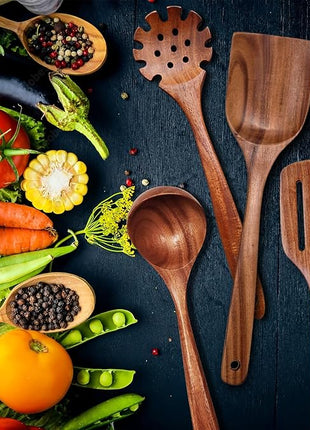 Wooden Spoons for Cooking 9 Pieces Set, TeakWooden Kitchen Utensil Set, Wooden Cooking Utensils Spoons, Spatulas, Heat-Resistant, Lightweight & Durable, Perfect for Non-Stick Cookware