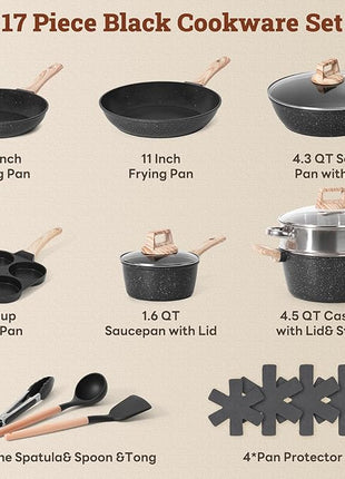 17 Pcs Pots and Pans Set Non Stick Kitchen Cookware Sets Nonstick Induction Cookware Non-toxic Black Granite Cooking Tools with Stay-Cool Handles, Pot Protectors (PFOS/PFOA Free)