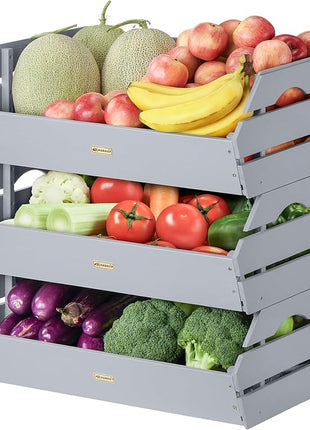 HABAU Wood Potato Onion Storage Bins - Wooden Stackable Produce Basket - Fruit Vegetable Storage for Kitchen Pantry Organization, Set 3 Pieces