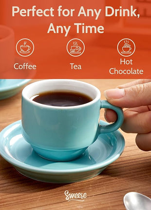 Sweese 4 Ounce Porcelain Stackable Espresso Cups with Saucers and Metal Stand Set of 4, Turquoise