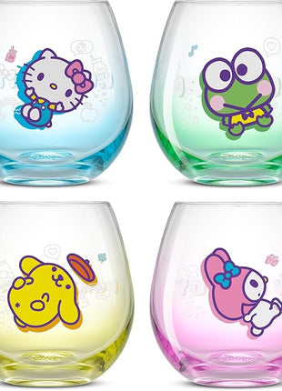 JoyJolt Hello Kitty & Friends Above the Clouds Stemless Drinking Glasses, 15 oz Ombre Glass Cup Set of 4 ft Hello Kitty Keroppi My Melody Pompompurin, Kawaii Kitchen Glassware Sets