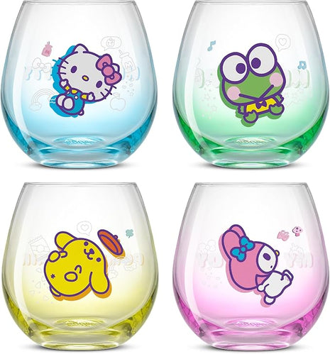 JoyJolt Hello Kitty & Friends Above the Clouds Stemless Drinking Glasses, 15 oz Ombre Glass Cup Set of 4 ft Hello Kitty Keroppi My Melody Pompompurin, Kawaii Kitchen Glassware Sets
